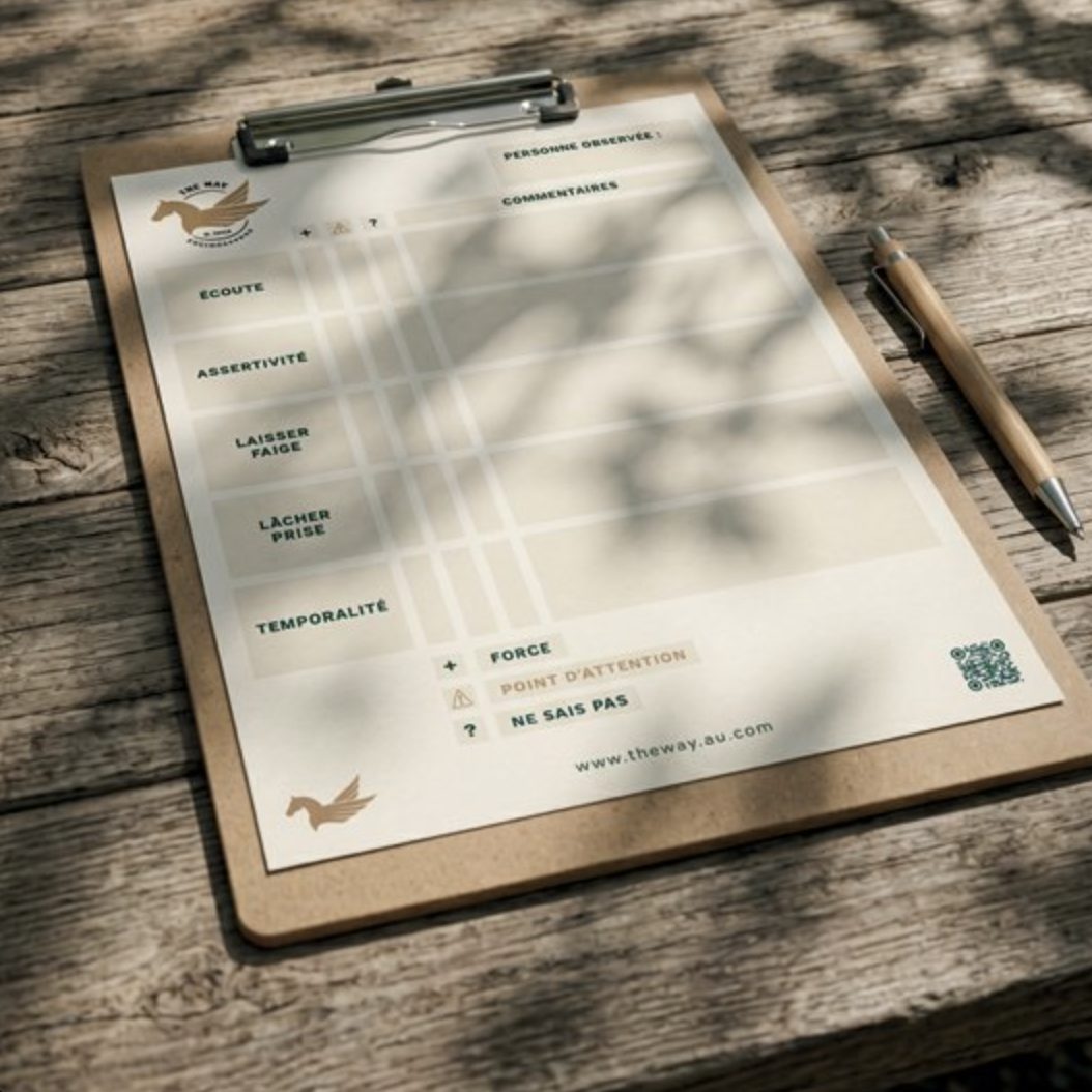 Fiche d'observation THE WAY sur une planchette : écoute, assertivité, laisser faire, lâcher prise, temporalité