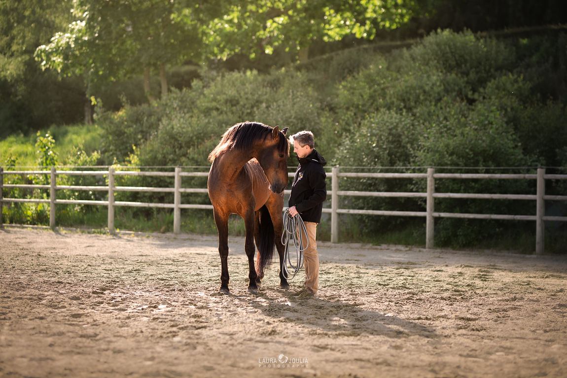Guillaume Vitse auprès d'un cheval bai, immobiles face à face