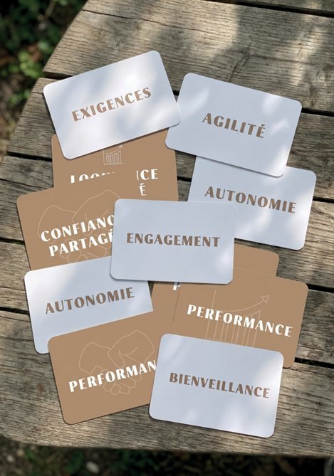 Cartes de valeurs : confiance partagée, autonomie, engagement, exigences, bienveillance, performance